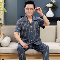 男士睡衣夏季棉质开衫短袖长裤中老年爸爸休闲大码家居服套装新款 男L G8813