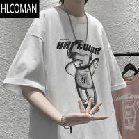 HLCOMAN夏季薄款男士短袖t恤男装潮牌宽松打底衫白色简约半袖学生男上衣学 2XL150-169斤 小熊英文