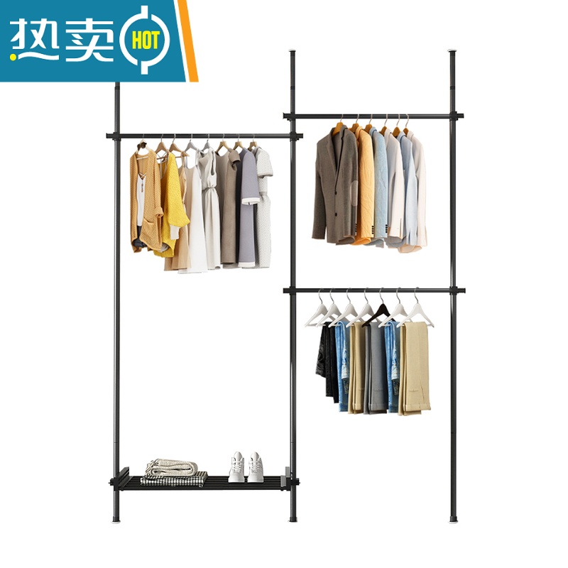 敬平顶天立地衣架落地卧室置物架衣帽间挂衣架组装简易衣柜晾衣架阳台 石英白两立两横全轨 [送2翅膀]高清大图
