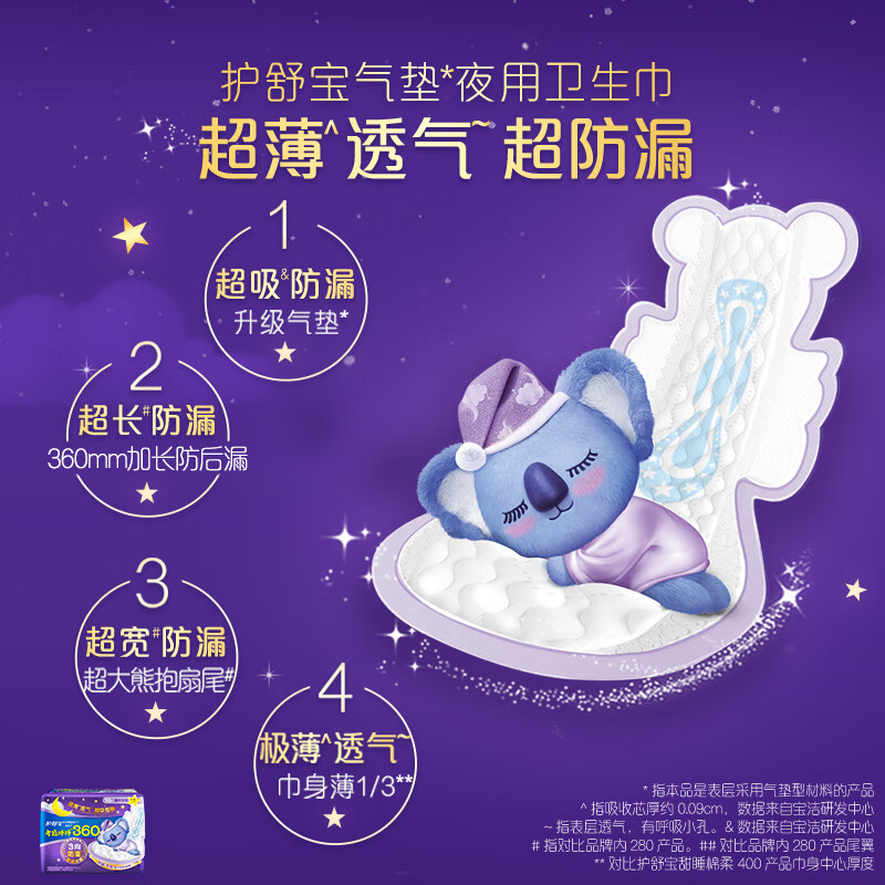 护舒宝卫生巾考拉呼呼棉柔极薄超长夜用360mm姨妈巾20片