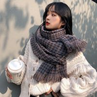 紫咖 围巾女冬季韩版百搭千鸟格仿羊绒披肩保暖加厚长款格子学生围脖