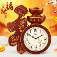 康巴丝(Compas)客厅挂钟卧室办公 壁钟表创意中国风福字家用电子石英钟 19英寸(直径48厘米) 木纹色 金边