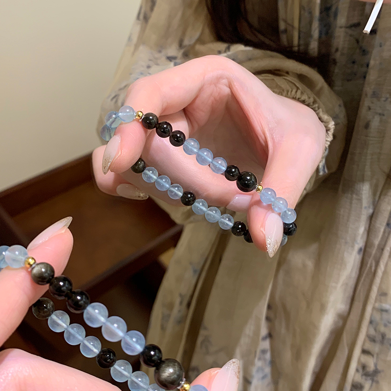 巴西猫眼黑曜石海蓝宝纯天然水晶手串补水招财转运手链高级感送女朋友老婆情人节七夕生日礼物