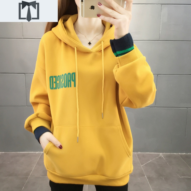 SUNTEK加绒加厚卫衣女秋冬新款韩版宽松显瘦连帽拼色袖字母学生百搭上衣卫衣