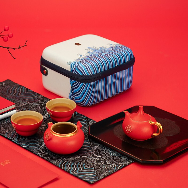 万仟堂(EDENUS) 福禄·随手礼茶具朱漆釉(一壶一海两杯一桌旗一便携包)