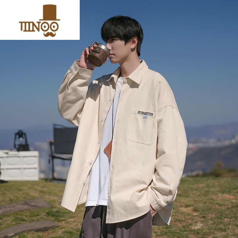 YANXU日系复古长袖衬衫男春季宽松男生ins百搭杏色衬衣帅气百搭薄外套高清大图