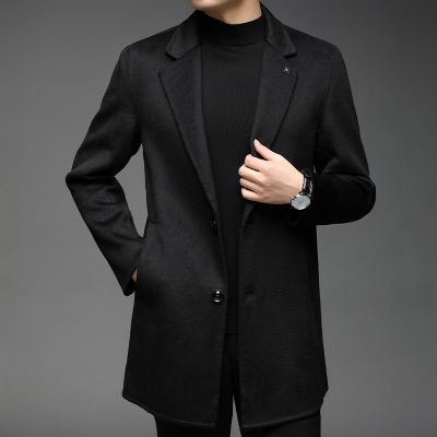 双面羊绒呢大衣春秋装新款男士中长款羊毛风衣加厚保暖外套男春秋装加厚双面呢子男士羊绒西装外套短款羊毛呢大衣中长款风衣 黑色 185/100A(XXL码）