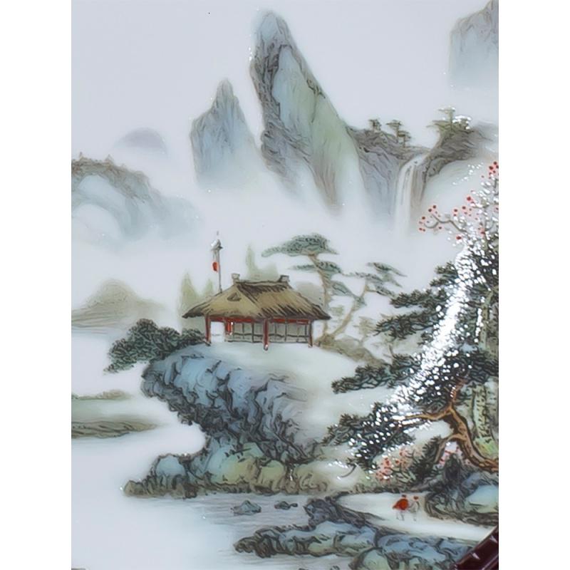 景德镇陶瓷摆件瓷器盘粉彩山水画装饰盘子挂盘瓷盘现代古典家饰品 三维工匠 41CM山川秀色盘+普通支架高清大图