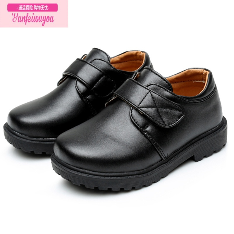 七斓儿童皮鞋男童黑色白色亮镜面绑鞋带魔术贴中小学生孩子校园礼仪鞋