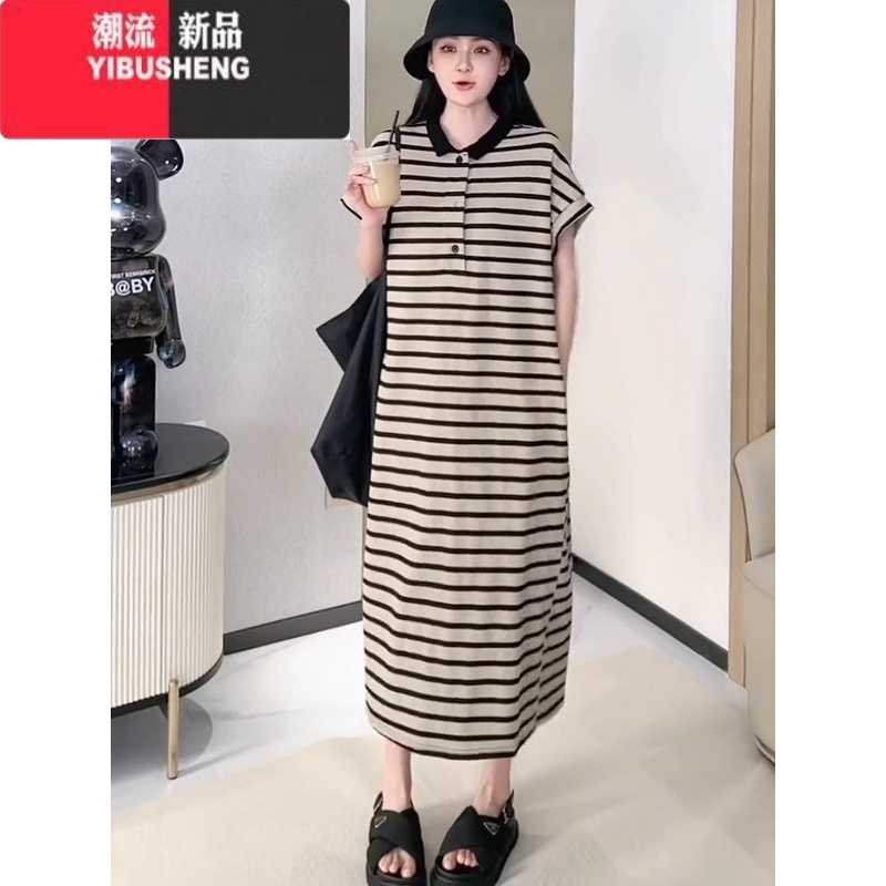 YIBUSHENG慵懒风宽松翻领条纹大版连衣裙女2024季时尚遮肉显瘦垂感中长裙高清大图