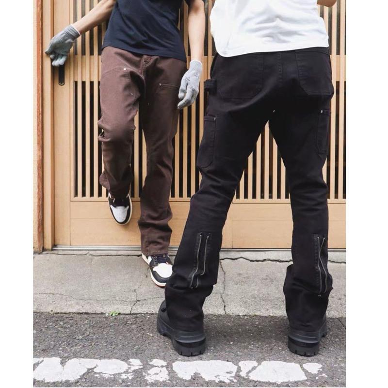 欧美高街复古vibe风裤子男女休闲直筒长裤微喇叭背后拉链工装裤潮黑色