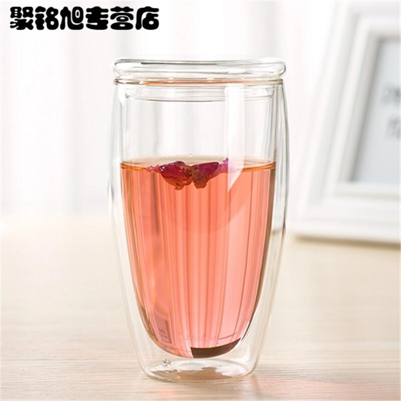耐热双层玻璃杯带盖杯子透明玻璃茶杯花茶杯玻璃水杯咖啡杯奶茶杯简约