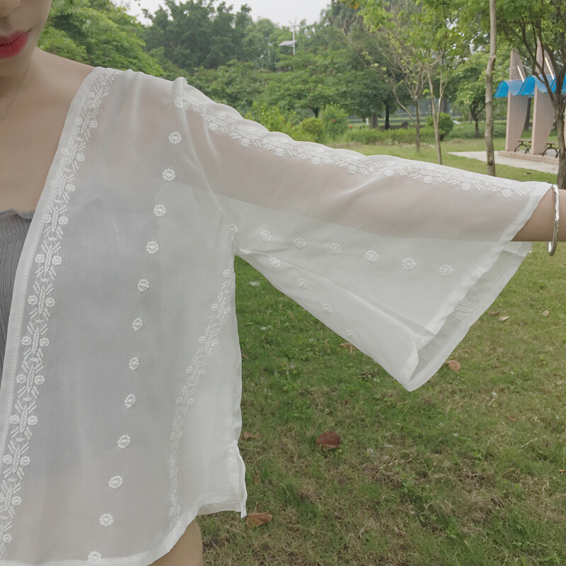 防晒衣女2018夏季短款柔美雪纺开衫透气韩版空衫外套805开衫+灰色小背心均码