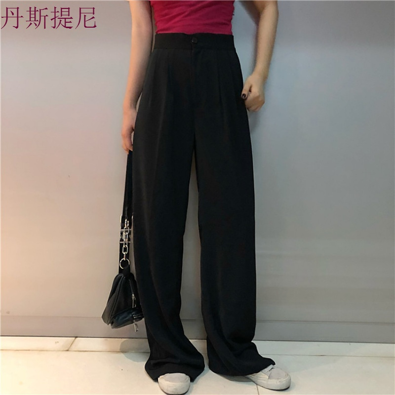 早秋韩版宽松黑色显瘦时尚拖地长裤女装夏季高腰阔腿直筒休闲裤子