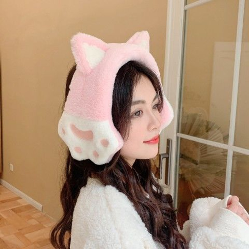 粉色 韩国潮猫咪耳套保暖耳罩女冬季可爱兔耳朵仿兔毛加大护耳神器加厚