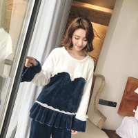 冬季新款韩版法兰绒女睡衣套装 舒适接拼色保暖花边公主风家居服