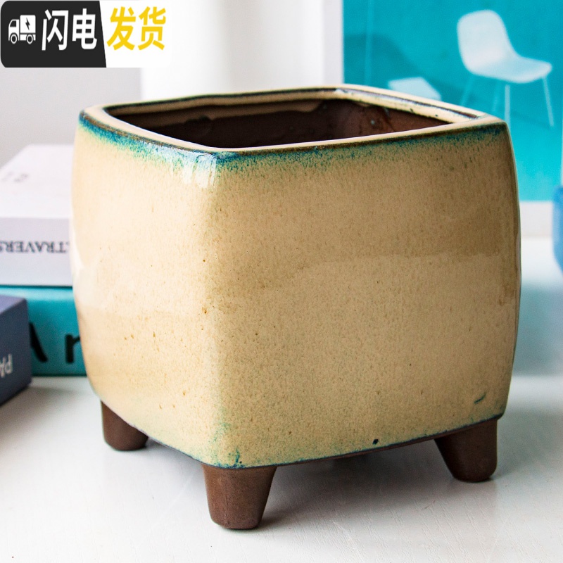 三维工匠多肉花盆多肉植物法师老桩月季粗陶绿植陶瓷简约四方鼎紫砂大花盆 HP1235 大花盆容器高清大图