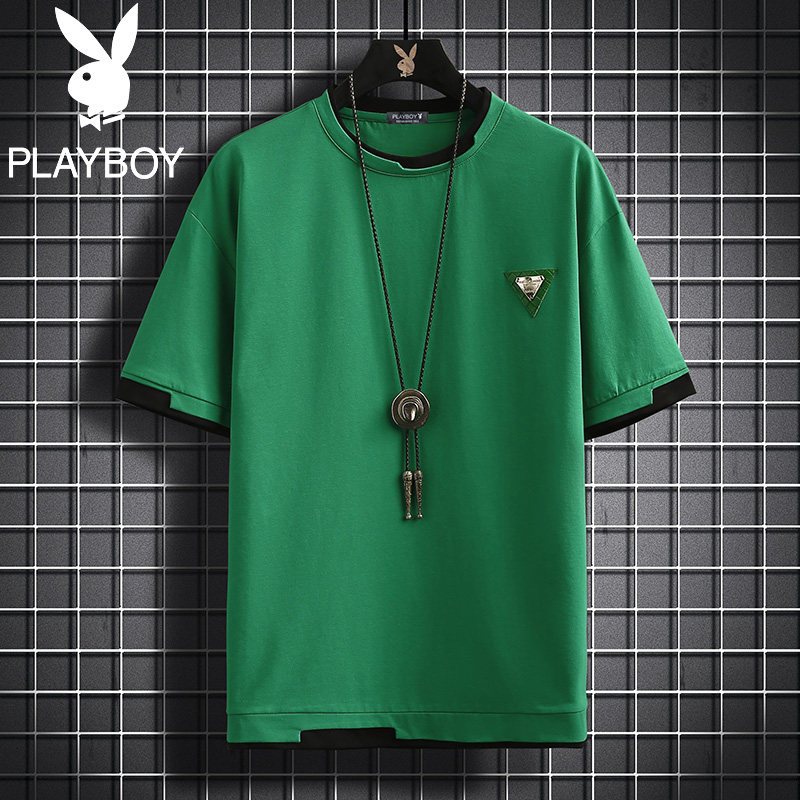 花花公子男士短袖2022夏季新款潮流拼色半袖T恤修身上衣体恤男装
