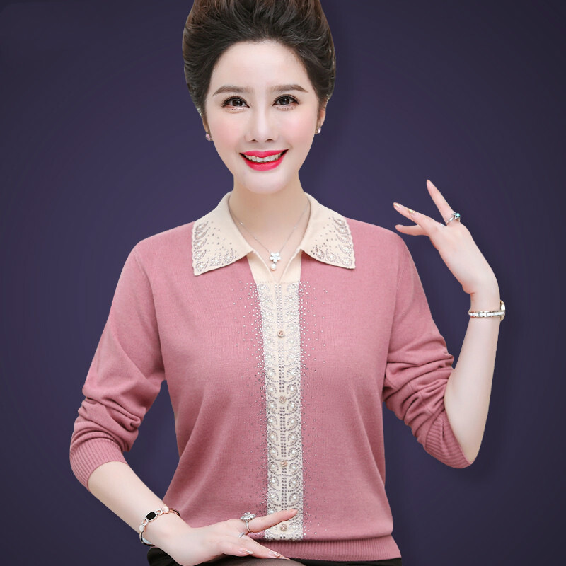 迪鲁奥（DILUAO)中老年人妇女秋装长袖打底衫40岁50妈妈春秋小翻领洋气上衣服外穿_297 L(110斤以内) 粉色