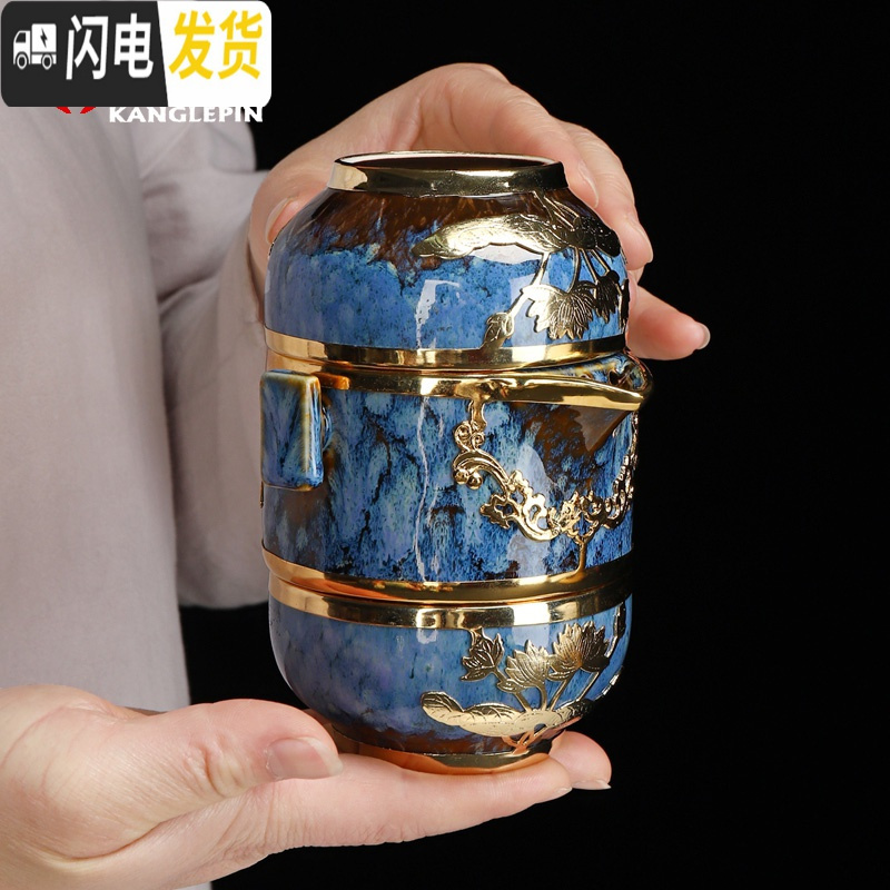 三维工匠建盏单人镶金便携旅行简约日式快客杯一壶二杯杯陶瓷功夫茶具套装 龙蛋天目釉镶银一壶三杯-兰款