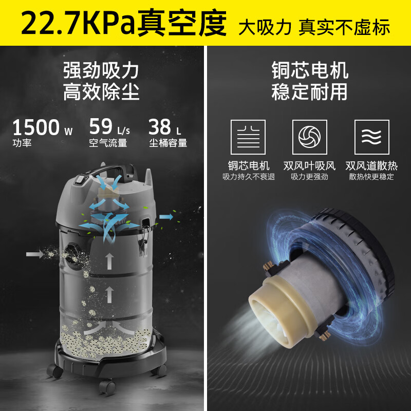 卡赫(KARCHER) 德国卡赫 商用工业不锈钢桶式 干湿两用大功率大吸力吸尘器 NT38/1 36升尘桶高清大图