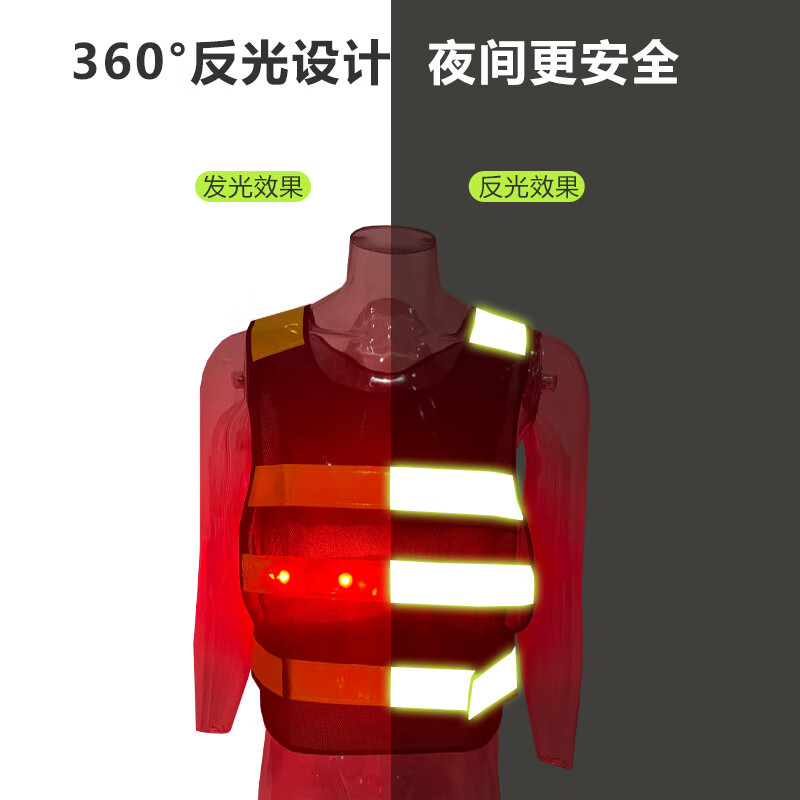 谋福 锂电池款LED反光背心 交通执勤渔网发光马甲 户外交通带灯指挥警示闪光马甲[2XL(180码)]高清大图