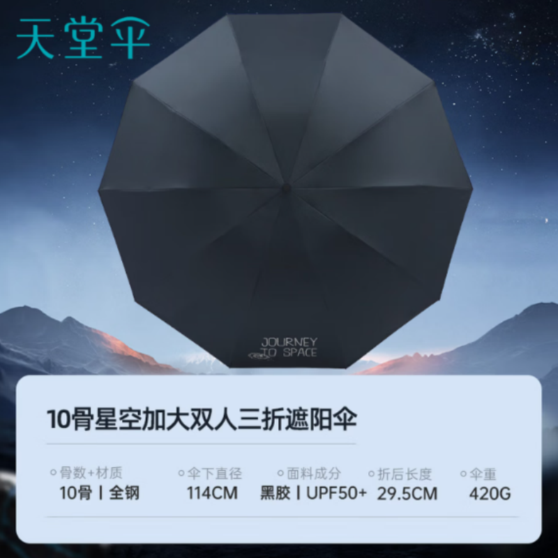 天堂双人晴雨伞三折太阳伞三折10k钢骨玻纤彩胶防晒手动伞下114cm深青灰