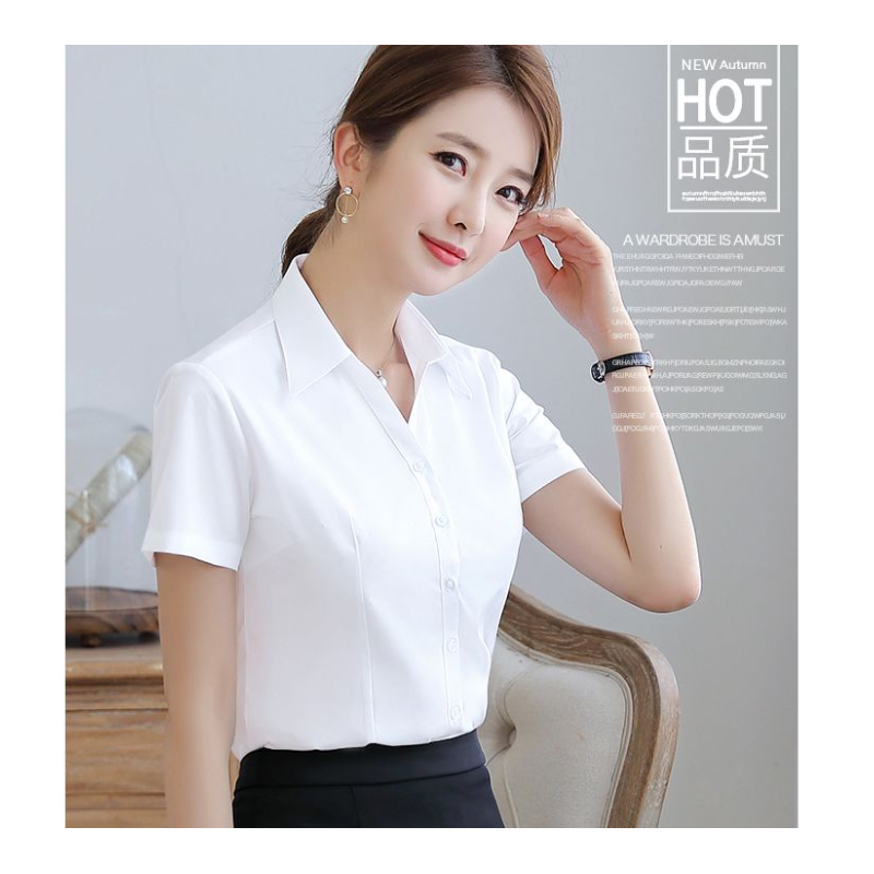 小窝厘 工作服短袖衬衫女夏季气质工装-主图款 白色(V领)短袖 XL建议110-120斤高清大图
