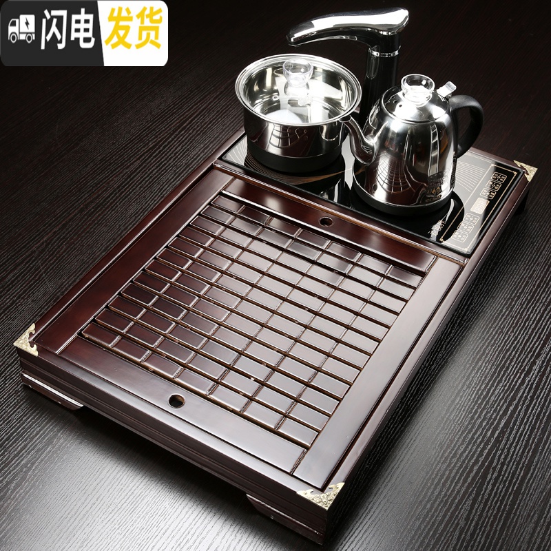 三维工匠茶盘套装四合一电热磁炉自动上水家用实木小号功夫泡茶具茶台托盘 09荷塘夜色茶盘黑色全自动高清大图