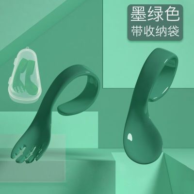 米苏塔弯把叉勺扭扭勺宝宝歪头婴儿训练学勺儿童叉勺组合 墨绿色右叉右勺-收纳盒