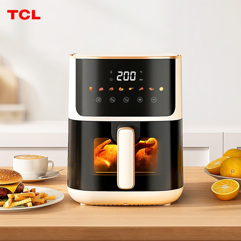 TCL小方墩可视空气炸锅5L电子彩屏触控低噪家用电炸锅实用小烤炉 象牙米 TKZ-D503A