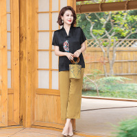 中年妈妈中式短袖缎面小衫中老年女装夏装新款上衣洋气套装 3XL(建议125斤-140斤） 黑色套装