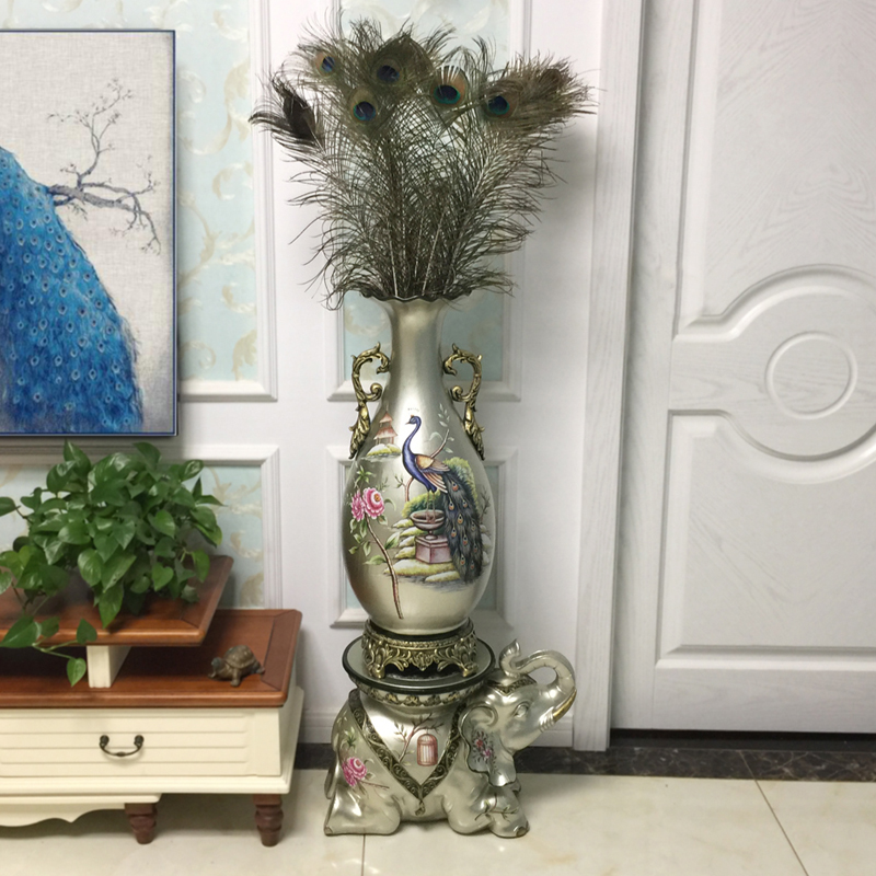 欧式美式陶瓷手绘复古摆件样板间别墅客厅电视柜插花落地大花瓶 三维工匠 A3款银孔雀瓶配16支羽毛+象底座高清大图