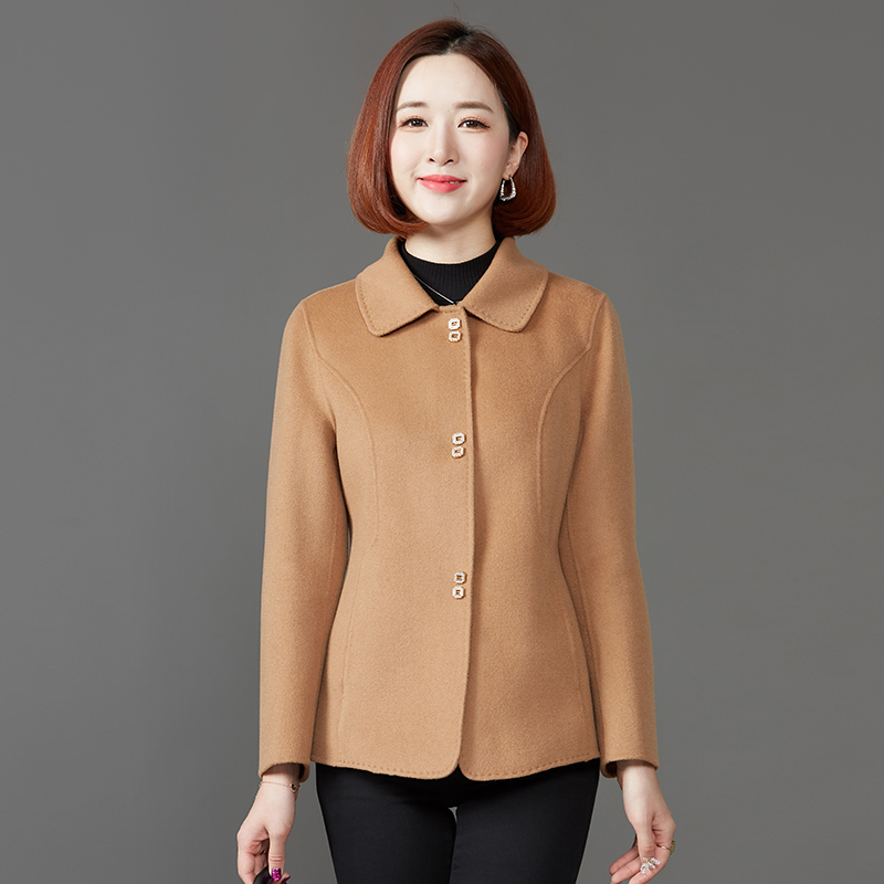 秋冬装中老年双面呢羊绒大衣女短款修身翻领气质妈妈羊毛呢外套