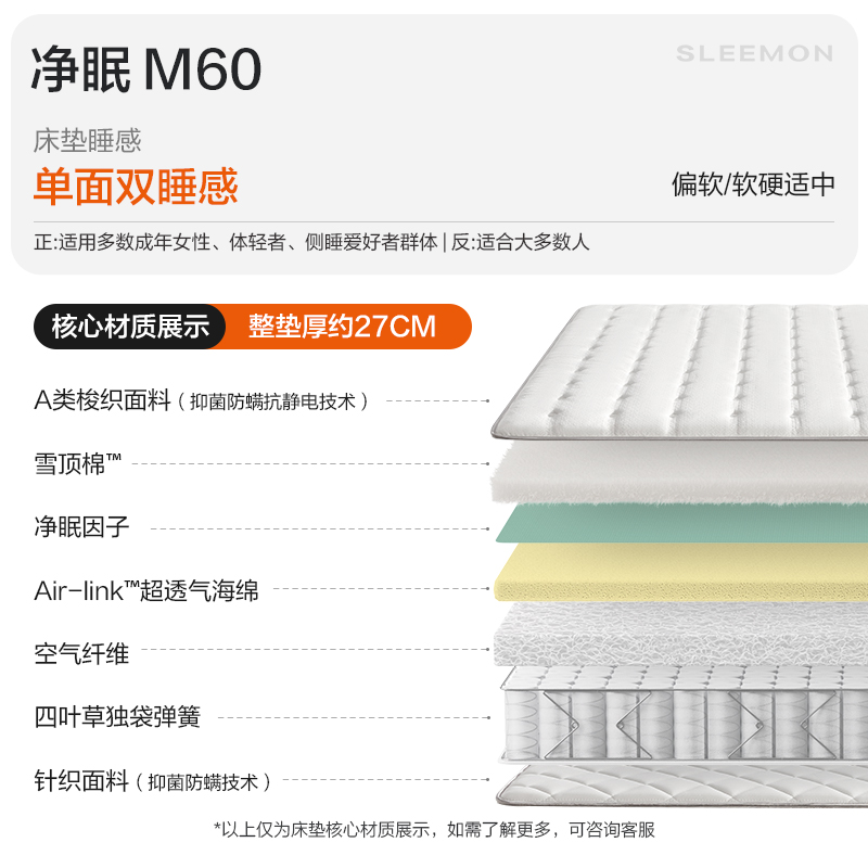 喜临门-净眠系列 M60 乳胶床垫轻音独袋弹簧羊毛除甲醛床垫 电动床垫温控 净眠-M60 180*200