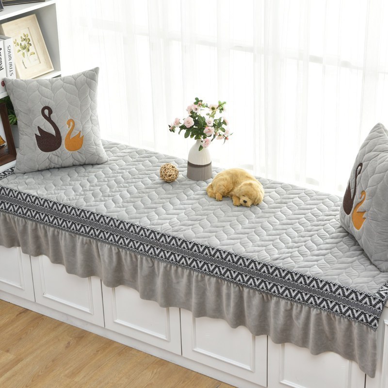 汐岩飘窗垫毛绒窗台垫秋冬阳台垫子飘窗装饰可定制防滑榻榻米垫美式 裙摆无天鹅-灰色90*210cm