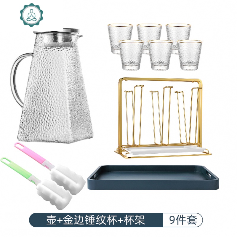 胡可推荐金边无铅玻璃水杯果汁大容量简约水杯套装日式家用玻璃杯 封后 金边杯*6+锤纹壶+杯架+托盘
