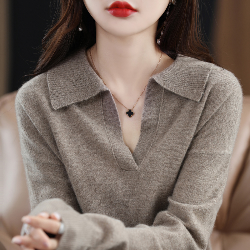 雪米贝奴翻领100%羊毛衫女秋冬新款韩版长袖时尚毛衣宽松羊绒针织衫