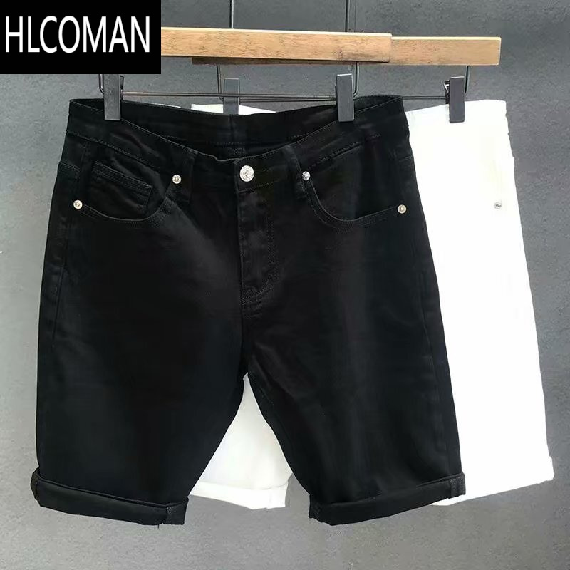 HLCOMAN纯黑九分裤男潮流韩版高端休闲百搭牛仔短裤修身弹力中裤白色