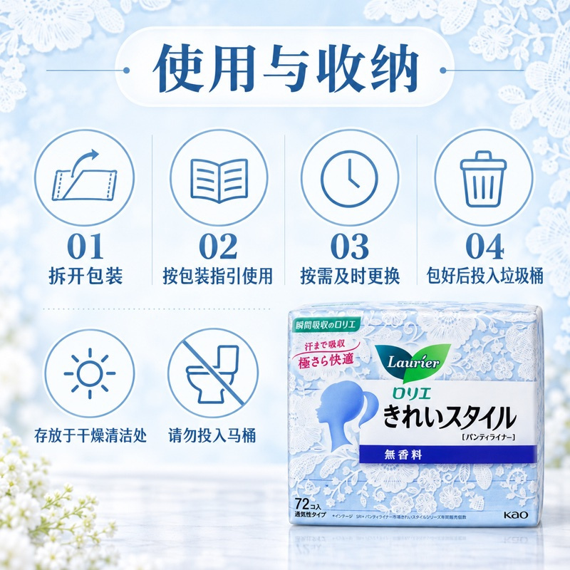 日本进口花王LAURIER乐而雅棉柔超通透卫生护垫72枚(无 香)*6包卫生巾姨妈巾超薄小棉亲肤触感瞬吸高清大图