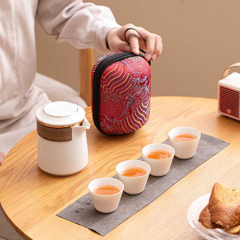 苏氏陶瓷/SUSHI CERAMICS J1034 描金羊脂玉瓷手抓壶快客杯旅行包茶具套装 (单位:个)