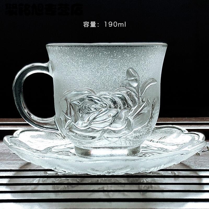 透明带把玻璃杯磨砂玫瑰花杯加厚茶水杯办公室花茶杯咖啡杯简约