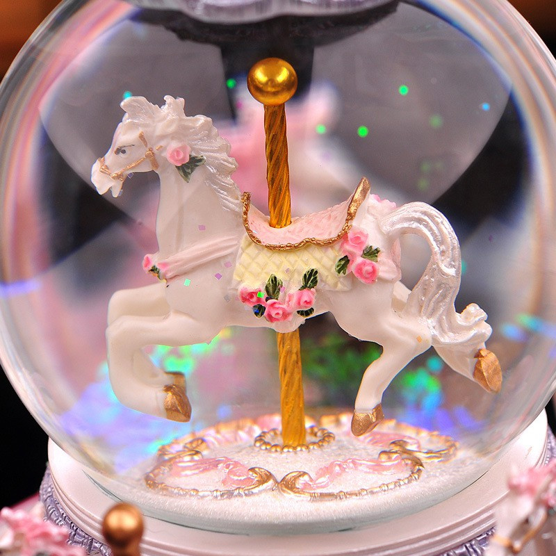 旋转木马水晶球自动飘雪音乐盒八音盒女生儿童女孩生日情人节 三维工匠 八马自飘雪花+音乐:天空之城(人气款)
