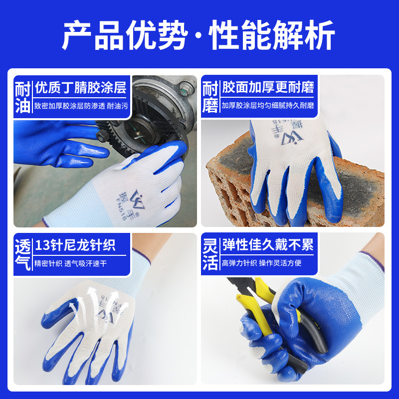 福安特 丁腈橡胶浸胶耐磨防滑透气手套 蓝丁腈 均码 12双/包 1包装高清大图