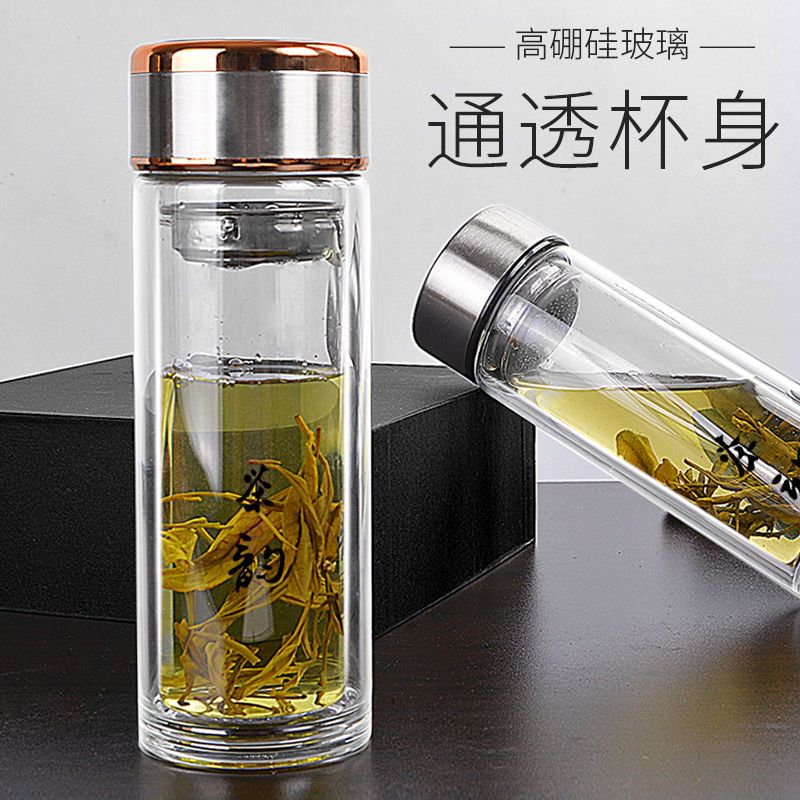 透明双层玻璃杯男女大容量喝水杯高级玻璃水杯喝水杯子家用茶杯 天艺盖(加厚水晶底) 420ML(加杯刷)