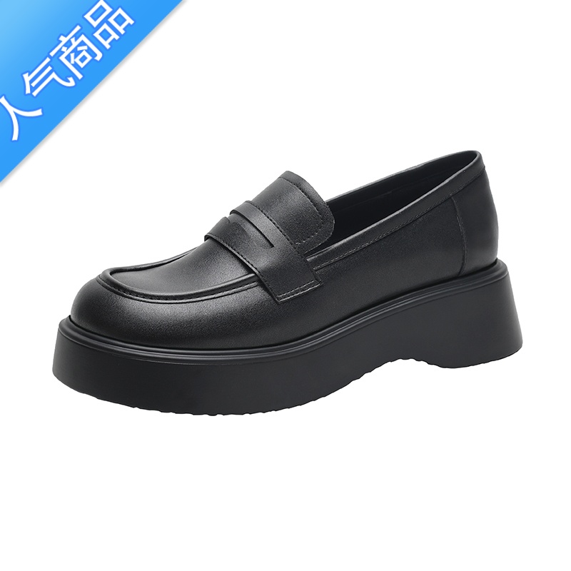 SUNTEK厚底乐福鞋女松糕单鞋2023新款春秋百搭JK鞋一脚蹬英伦风小皮鞋 黑色 40