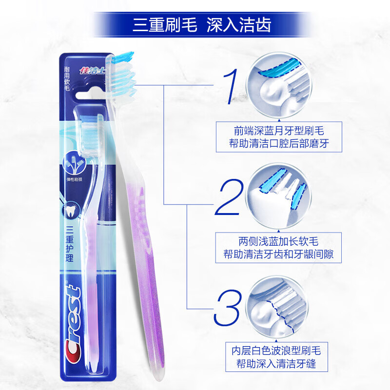 佳洁士 三重护理成人牙刷 软毛护龈细刷毛弹力刷柄 3支 (包装随机)高清大图