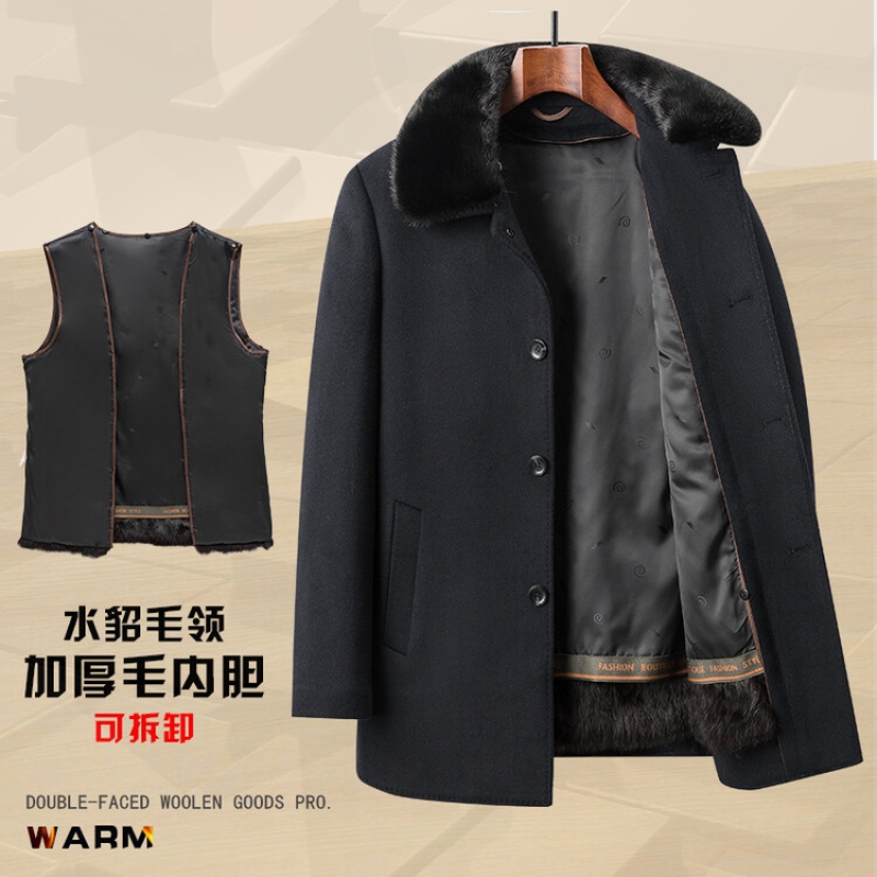 花花公子高端水貂领+拆卸毛内胆尼克服男士羊毛呢大衣商务休闲男装外套厚高清大图