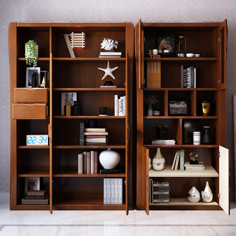 梵宜书柜实木书架收纳储物柜玻璃门文件柜带门书橱自由组合柜子书房