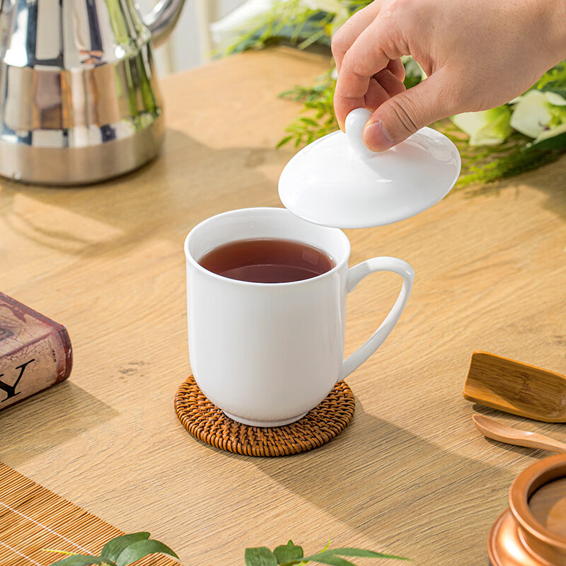 册宣 会议茶杯陶瓷盖杯360ml 纯白*10只套装高清大图
